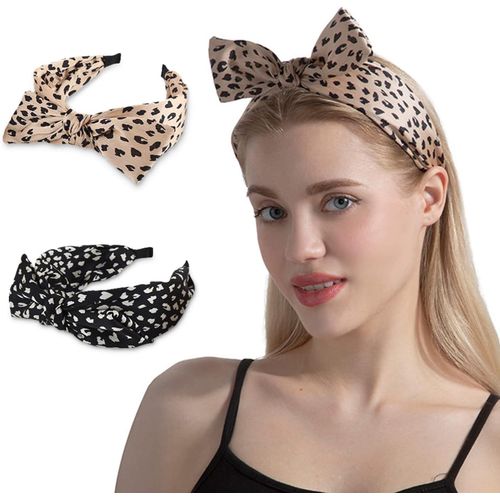 Serre-tête en satin pour femme, 2 pièces, motif léopard, avec n?ud et ruban, couleur café et noir