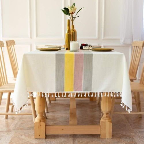 Nappe Rectangulaire Anti-Poussière Lavable En Coton Et Lin Avec Franges Pour Décoration De Table De Cuisine, Salle À Manger, Buffet (Jaune, 140 X 220 Cm)