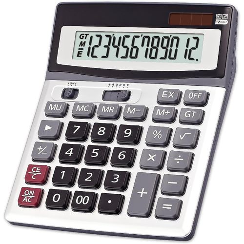 Calculatrices de Grand Format Calculatrice de Bureau, Calculatrice Solaire et Batterie Double Alimentation Calculatrice Portable Grand écran LCD 12 Chiffres (Argent)