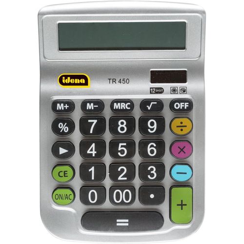 Calculatrice de bureau TR 450, affichage 12 chiffres, fonctionnement sur piles, fonctionnement solaire, calcul de racine carrée, calcul de pourcentage, fonction mémoire, argenté