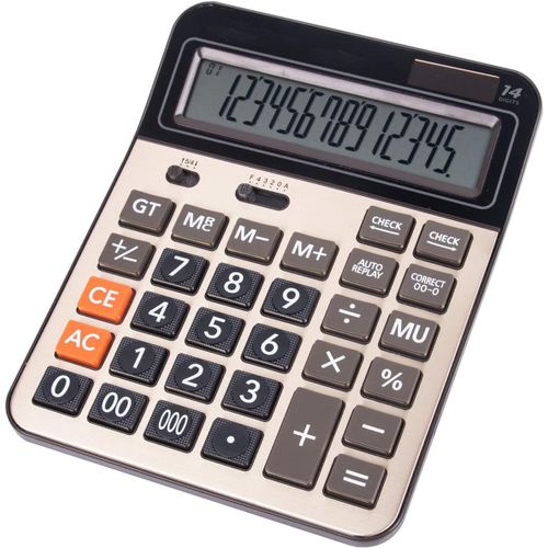 Calculatrice solaire à Piles Double Alimentation Grande Fonction Standard Calculatrice de Bureau avec Grand écran LCD 14 Chiffres Pratique pour Le Bureau et la Maison KA06 Doré