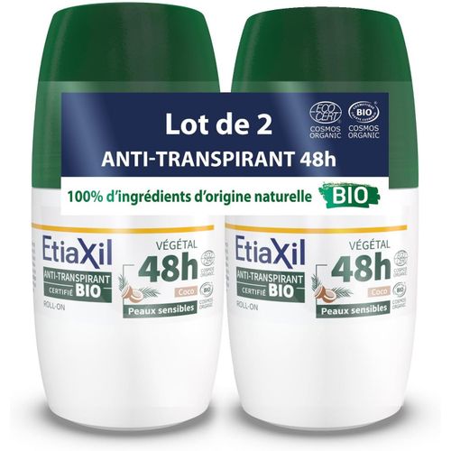 Déodorant Anti-Transpirant Végétal - Transpiration Modérée - Certifié Bio - Aisselles - 48h - Parfum Coco - Roll On - 50 Ml - Lot De 2 