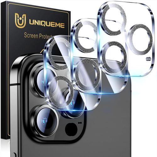 Lot de 3 protections d'objectif d'appareil photo en verre trempé 9H pour iPhone 15 Pro/iPhone 15 Pro Max, protection contre les chutes, noir pailleté