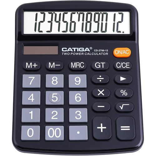 Calculatrice de Bureau 12 Chiffres avec Grand écran LCD et Bouton Sensible, Double Alimentation Solaire et Batterie, Fonction Standard pour Bureau, Maison, école, CD-2786