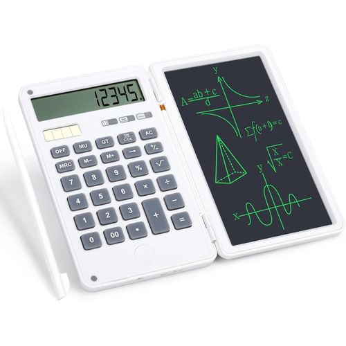 Calculatrice avec 6"" Tablette d'écriture LCD Effaçable Calculatrice Bureau à 12 Chiffres Solaire Batterie Double Alimentation Calculatrice de Poche pour Bureau, École, Blanc