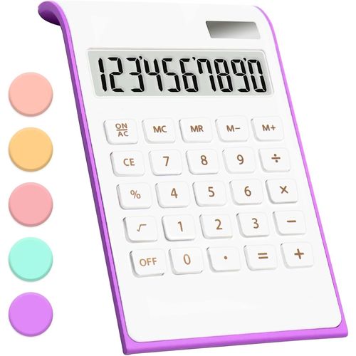 Calculatrice violette pour fournitures de bureau et accessoires de bureau, batterie solaire à 10 chiffres, calculatrice de bureau à double alimentation avec grand écran LCD, fournitures