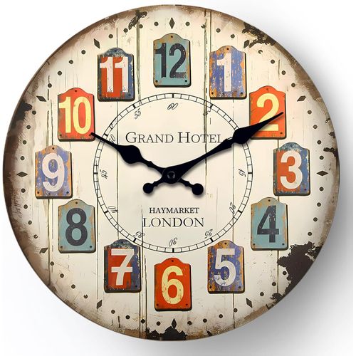 Horloge murale rétro de 30,5 cm sans cadre, mouvement à quartz silencieux, style campagnard, horloge murale numérique arabe, cuisine, chambre et salon décoration