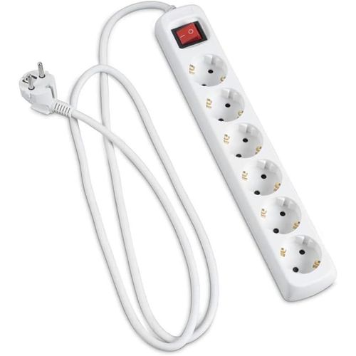 Multiprise Blanche 6 Prises Schuko avec Interrupteur, 1,5 m H05VV-F 3G1,5 m¿, Base de 6 Prises
