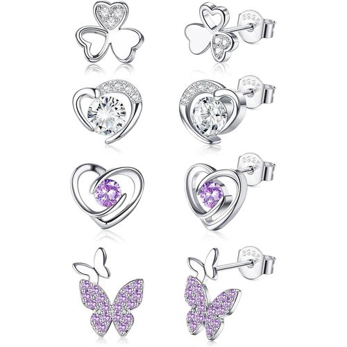 4paires Boucles D'oreilles Argent Pour Femmes Enfant Fille Hypoallergéniques Argent Sterling 925 Poteau Clous D'oreilles Coeur Papillon Violet/Rose Ensemble Clous D'oreilles Cartilage
