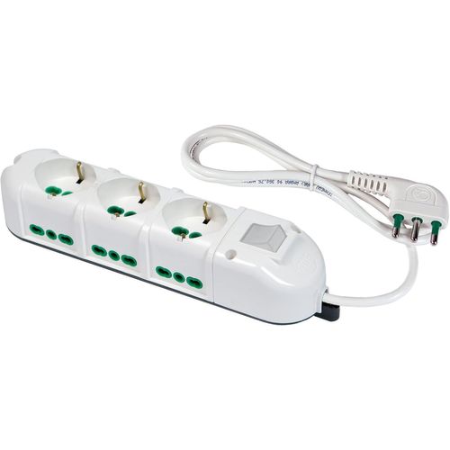 48122-B Multiprise électrique 9 Places avec 3 Prises universelles et 6 Prises bivalentes Italiennes latérales multiprise Large fiche 16 A Couleur Blanche