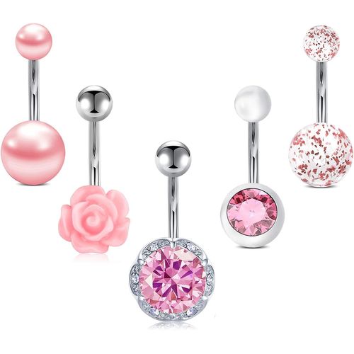 5pcs Piercing Nombril Ventre Acier Inoxydable 14g 10mm Nombril Anneaux Fleur Diamant Opale Courbe Bananebell Bijoux Piercing Corps Femme Fille