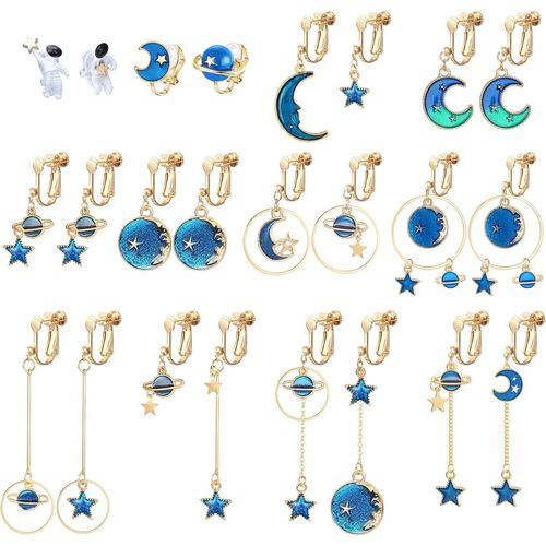 12 Paires Paires Boucles D'oreilles Clip Pour Femmes Filles Ensemble Boucles D'oreilles Étoile Lune Pendantes Boucle D'oreilles Asymetrique Non Percées Clip Boucles D'oreilles Bleu Rose