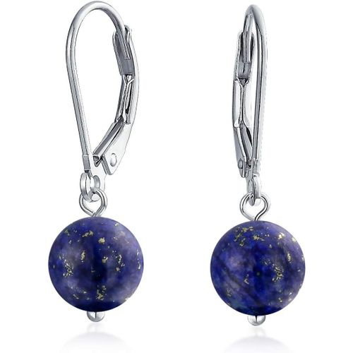 Simple Basic Gemstone Round 8mm Bead Ball Drop Pendre Earrings For Women Teen Secure Hinge Lever Back .925 Argent Sterling Birthstones More Colors
