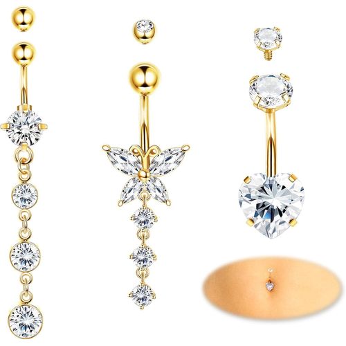 3pcs 14g Piercing Nombril Acier Chirurgical Or/Argent Pendre Piercing Nombril Anneau Cz Papillon Coeur Barbell Anneau Corps Piercing Pour Femmes Avec 3pcs Boules De Remplacement