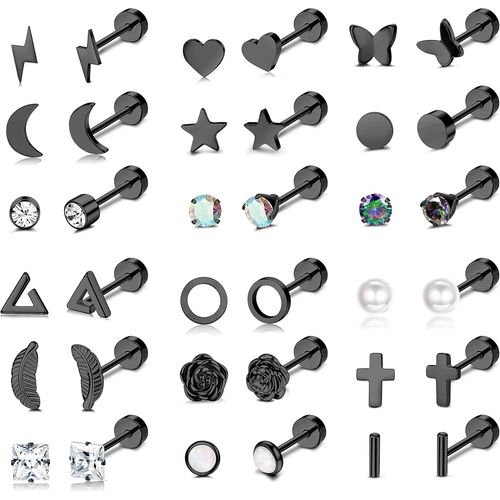 Lot Boucles D'oreilles Femme Petite En Acier Chirurgical Hypoallergénique Piercing Oreille Helix Tragus Cartilage Etoile Lune Perle Papillon Zircon Clou D'oreille Ensemble Piercing Bijoux