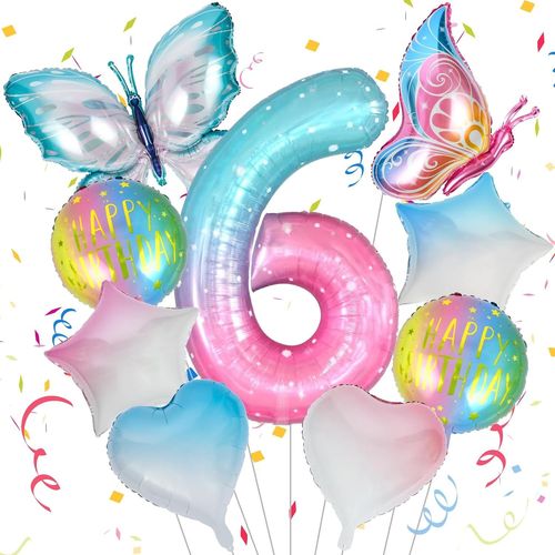Ballon Decoration Papillon 6 Ans,11 Pieces Décoration D'anniversaire Pour Fille,Ballon Aluminium Papillons Colorés,Happy Birthday Decoration Ballons Avec Petites Pailles Et Petits Rubans