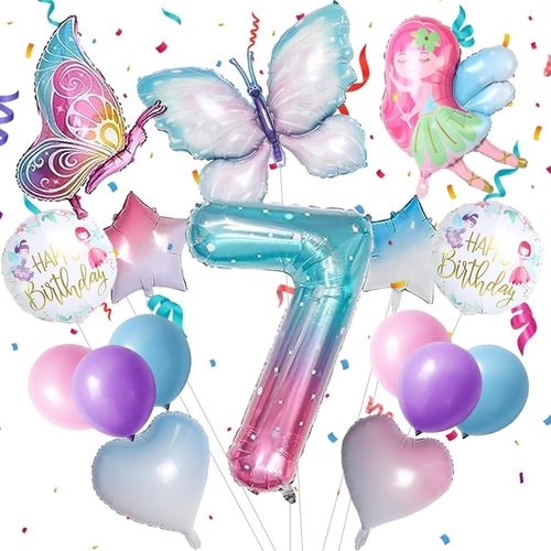 Ballon Papillon 7 Ans,16pcs Ballon Anniversaire 7 Ans,Decoration Anniversaire Papillon,avec Petites Pailles et Petits Rubans,Convient pour l'Anniversaire d'Une Fille de 7 Ans