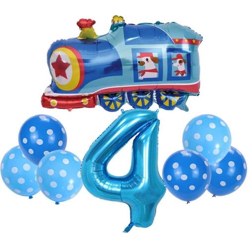 Ballon Train Anniversaire 4 Ans Set,Chien Locomotive Decoration XXL Ballon Chiffre 4 Bleu Numéro Gonflable Nombre Aluminium Grand Numero 4e Anniversaire Garçon Fille Enfant Fête Anniv Deco