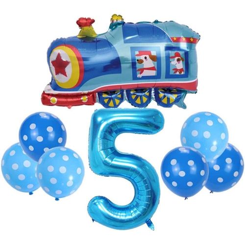 Ballon Train Anniversaire 5 Ans Set,Chien Locomotive Decoration XXL Ballon Chiffre 5 Bleu Numéro Gonflable Nombre Aluminium Grand Numero 5e Anniversaire Garçon Fille Enfant Fête Anniv Deco