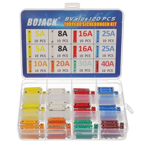 8 Sortes 120 Pièces Fusibles Torpilles Jeu De Fusibles Torpedo Fusibles 5a 8a 10a 16a 20a 25a 30a 40a Protège Les Circuits Automobiles Avec Une Boîte En Plastique Pour Voitures Anciennes