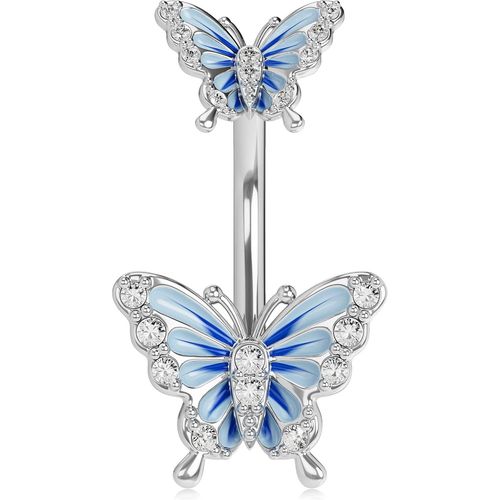 14g Piercing Au Nombril Acier Chirurgical Papillon Bleu Argent Anneau De Nombril Barbell Cz Bijoux Inversé Butterfly Reverse Belly Button Ring Navle Bar 10mm Jewelry Femme Homme