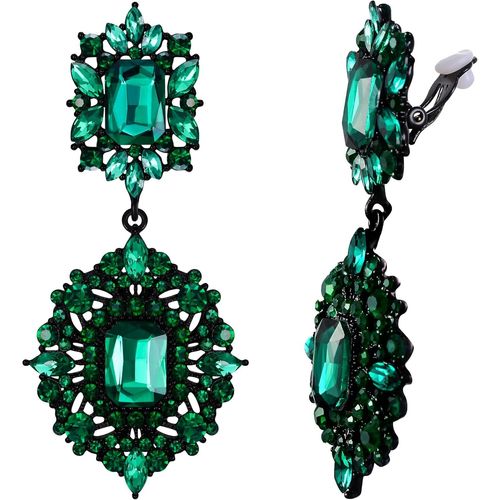 Boucles D'oreilles Clip Pendant Femme Cristal Carré Double Pendentif Feuille Strass Cadeau