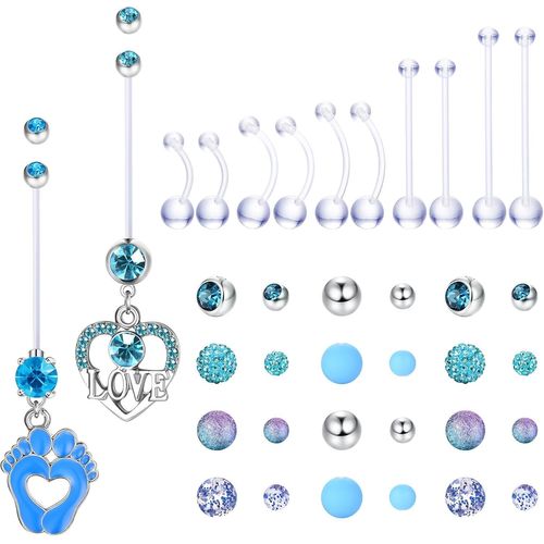 12pcs Piercing Nombril Grossesse Plastique Longue Barre Anneaux De Nombril Grossesse Pour Femme Transparents Flexibles Rose Bleu Maternité Bioflex Piercing Nombril Anneau Mix Bar Bijoux