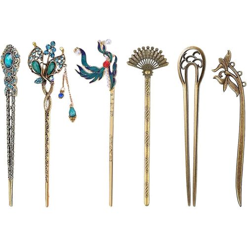 6 Pièces Pinces À Cheveux, Baguettes De Cheveux Bronze En Rétro, Pique À Cheveux En Vintage Pour Femmes Filles, Chignon Chinois Baguettes Pour Cheveux Décoratifs Coiffure