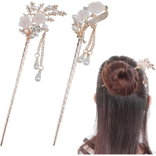 Lot De 2 Baguettes À Cheveux Chinoises Avec Strass, Perles, Fleurs, Épingles À Cheveux Rétro Pour Femmes Et Filles