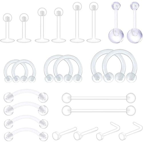24 Pièces Anneaux De Nez, Goujons De Nez Transparents Ensemble De Retenue De Piercing En Acrylique,Septum Lèvre Cartilage Langue Daith Oreille Nombril Bijoux Piercing Pour Femmes Homme