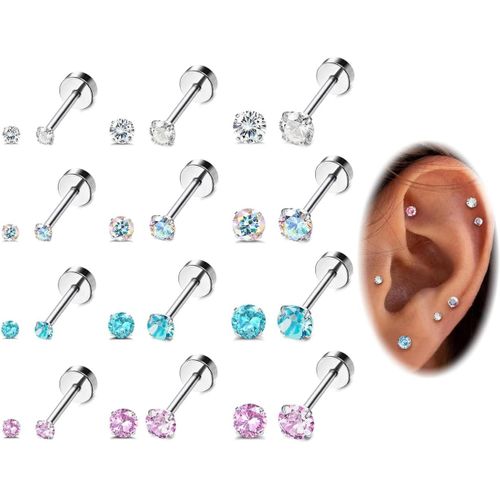 12paires 20g Acier Inoxydable Cz Boucles D'oreilles Pour Femmes Hommes Cartilage Helix Boucles D'oreilles Ensemble Rond Cubic Zirconia Vis Dos Plat Stud Oreille Piercing