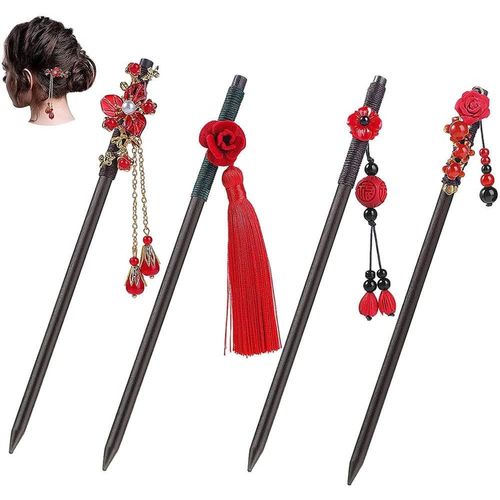 4 Pièces Baguettes Pour Cheveux, Bâtonnets De Cheveux En Bois, Vintage Cheveux Baguettes, Bâton De Cheveux En Bois Chinois, Accessoires Pour Femmes Et Filles