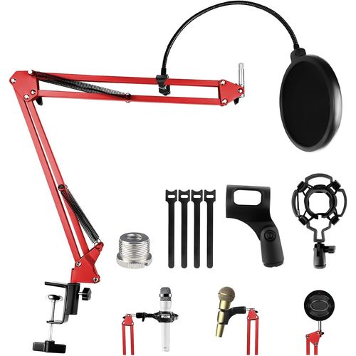 Bras Micro Réglable, Support de Microphone Rouge avec Filtre Anti-Pop, Pince à Micro, 5 Attaches de Câble, Anti-choc, Perche Micro Suspension pour Studio, Diffusion, Enregistrement, Gaming