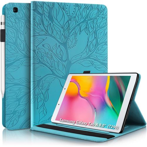 Coque Galaxy Tab A8 8 Pouces 2019 Etui Housse En Cuir Pu Portefeuille Stand Support Tablette Coque Avec Porte-Stylo Pour Samsung Galaxy Tab A 2019 8.0"" Sm-T290/Sm-T295 Arbre En Relief Bleu