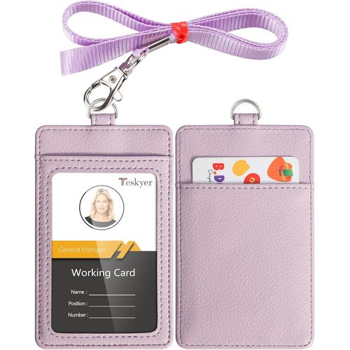 Porte Badge, Porte Badge Tour De Cou, 2 Emplacements Pour Cartes, En Cuir Pu, Avec Effacer La Fenêtre Longe En Nylon, Violet Clair