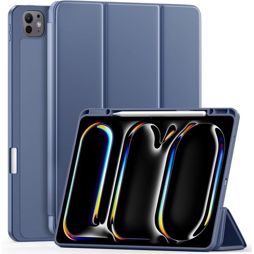 Coque Pour Ipad Pro 13 Pouces 2024 Avec Porte-Stylo, Couverture Arrière Souple En Tpu Pliable En Trois Parties Pour Ipad Pro 13, Prend En Charge Pleinement L'apple Pencil Pro/Usb-C, Gris Bleu