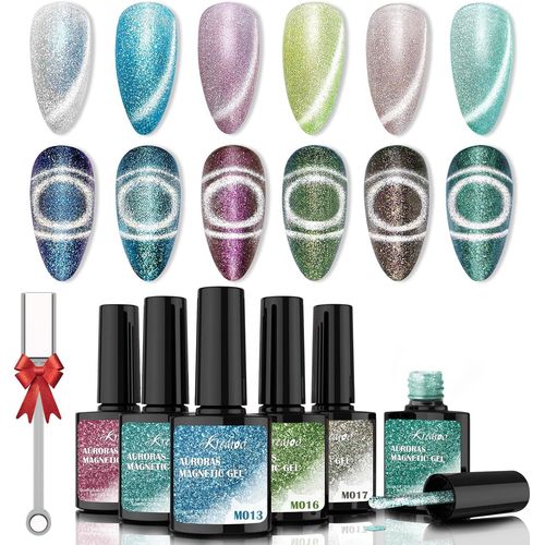 Vernis Semi Permanent Cat Eye Magnétique 6 Couleurs Aurora Vernis À Ongles Gel Avec Aimant Sèche Sous Lampe Uv/Led Manucure Nail Art Gel Polish 