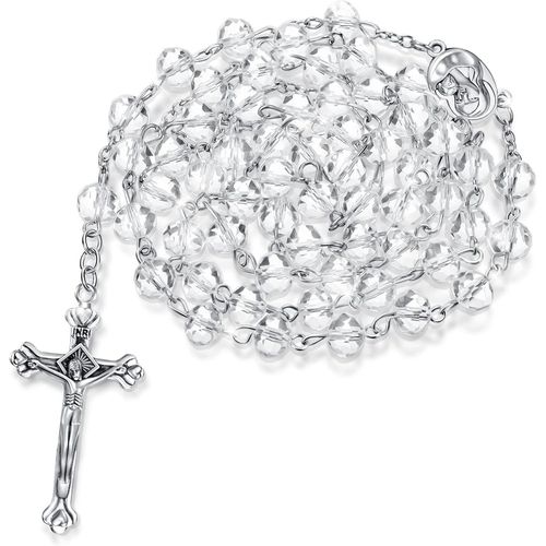 Collier Crucifix Catholique Collier De Perles De Chapelet Collier D'amulette Chrétienne Blanche Transparentes Collier De Croix Cadeau Première Communion Avec Longue Chaîne Pour Femmes Hommes