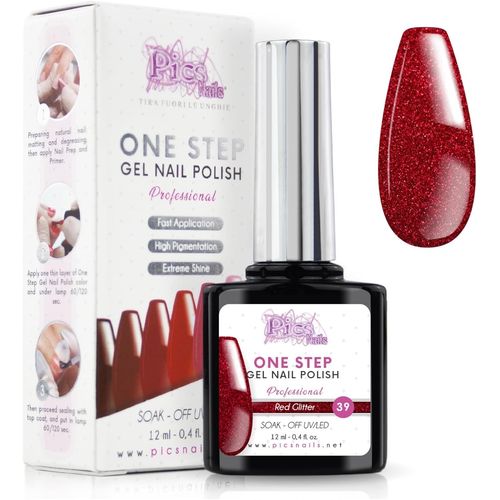 Vernis Semi Permanent Uv/Led One Step 12 Ml - Paillettes Rouges - Effet Ongles Foncés Mais Très Brillants Avec Ou Sans Base Et Top Coat 