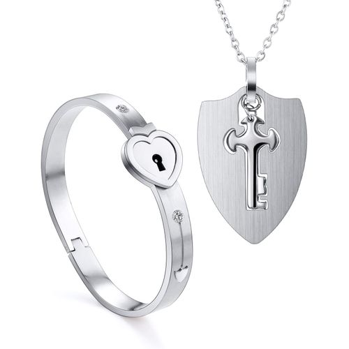 2 Pièces Bracelet Jonc Avec Serrure Et Pendentif Chaîne Clé Argent Kit,Bracelets Cadenas Et Cles Acier Inoxydable,Bijoux Femme Homme Fille Collier Pour Couple Amoureux Paare Partenaire Amitié Cadeau