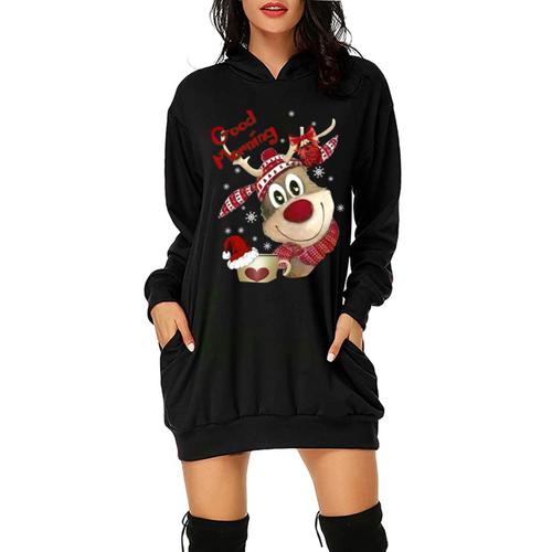 Robe De No?L Femme Pull Capuche Imprime Mi-Longue Avec Poches Manches Longues Automne Hiver - Taille Eu