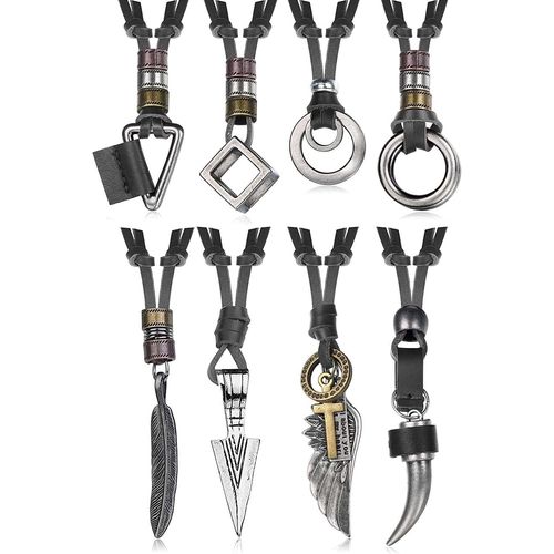 8 Pcs Collier En Cuir Pour Hommes Femmes Colliers En Cuir Avec Pendentifs Vintage Plume Noire Brune Fléché Loup Dents Aile Double Anneau Chaîne Pull Déclaration Collier Hommes Réglable.