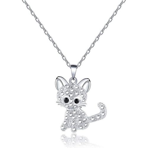 Collier Avec Pendentif Chat Argenté Et Bleu Pour Femme Et Fille Avec Cristal Blanc Brillant Pour Amoureux Des Chats, Cadeau D'anniversaire