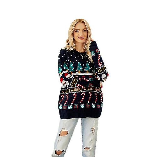 Pull De Noël Moche Pour Femme - Pull Tricoté Drôle Et Mignon - Arbre De Noël - Flocon De Neige - Père Noël - M