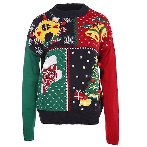 Femmes Laid Noël Pull Colorblock Drôle Arbre De Noël Flocon De Neige Tricot Pull Haut Vacances À Manches Longues O-Cou Pull Large Chemises L
