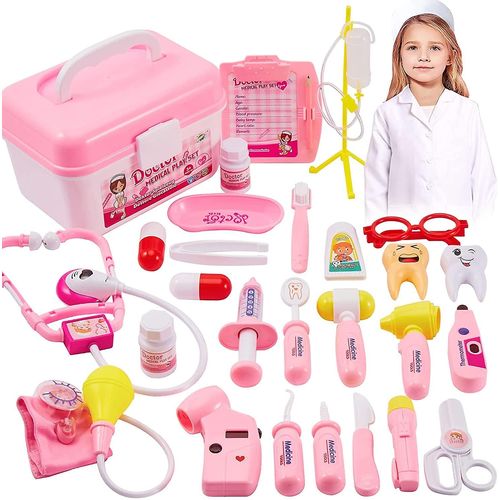 Jouets De Dentiste De Jeu De Rôle Pour Enfants, 35 Pièces, Avec Blouse De Médecin, Rose