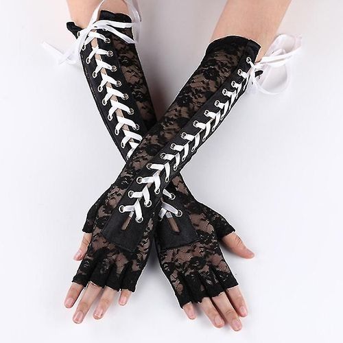 Gants Longs En Dentelle Pour Femmes, Sexy, Coude, Demi-Doigt, Ruban Sans Doigts, Maille Résille, Étiquette De Fête, Gants Gothiques Lolita D