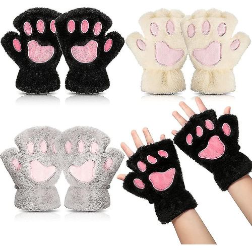 Gants Patte De Chat 3 Paires Gants Kawaii Pattes De Chat Cosplay Fausse Fourrure Gants De Chat En Peluche