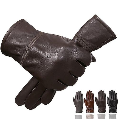 Gants D'hiver En Cuir De Peau De Mouton Véritable Pour Hommes, Gants De Moto De Conduite Chauds Doublés En Peluche L Brun Profond
