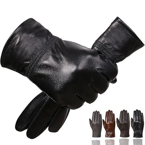 Gants D'hiver En Cuir De Mouton Véritable Pour Hommes, Gants De Conduite Chauds Doublés En Peluche Pour Moto L Noir